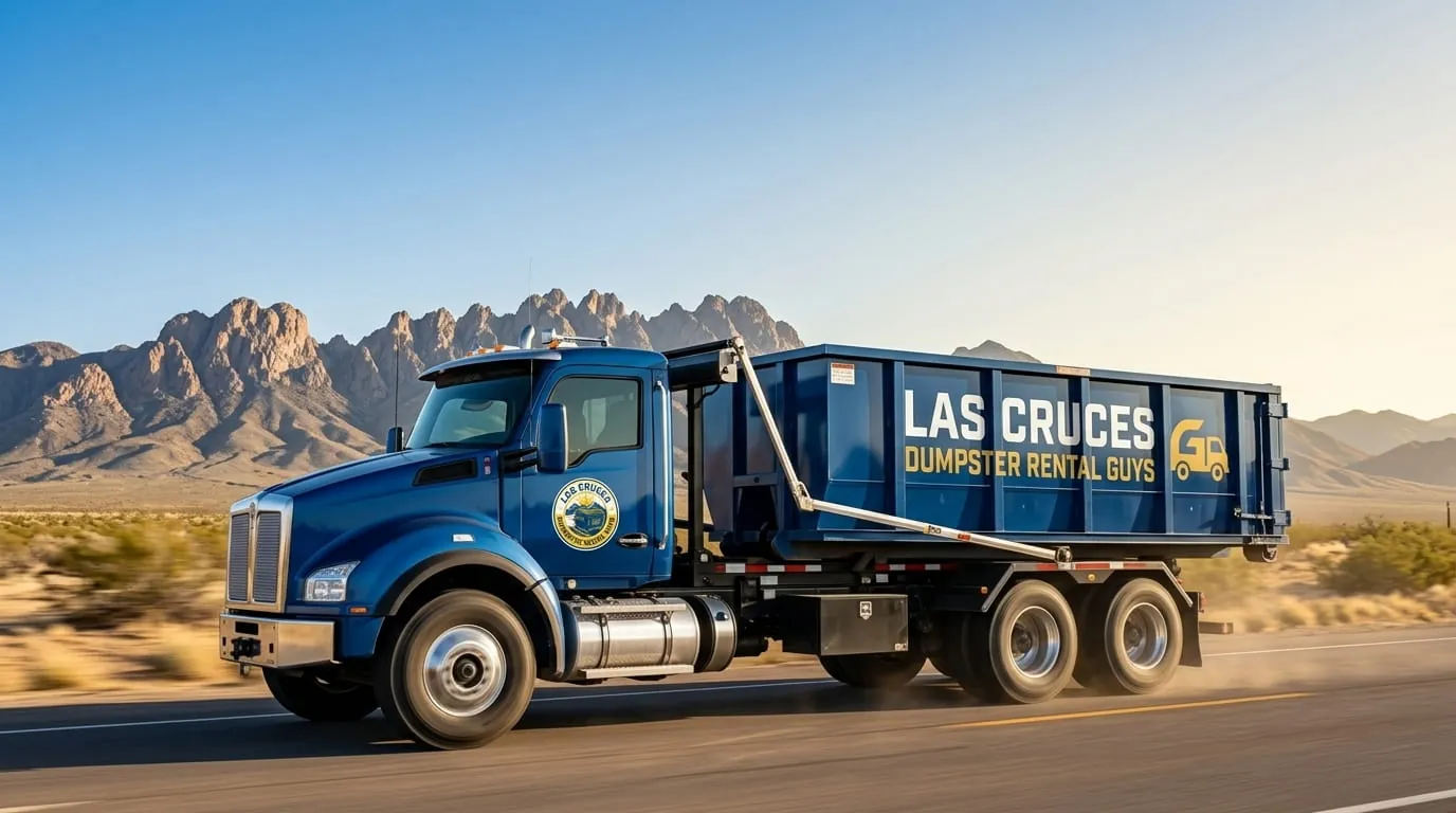 Las Cruces Dumpster Rental Guys fleet of roll-off dumpsters and trucks in Las Cruces, NM
